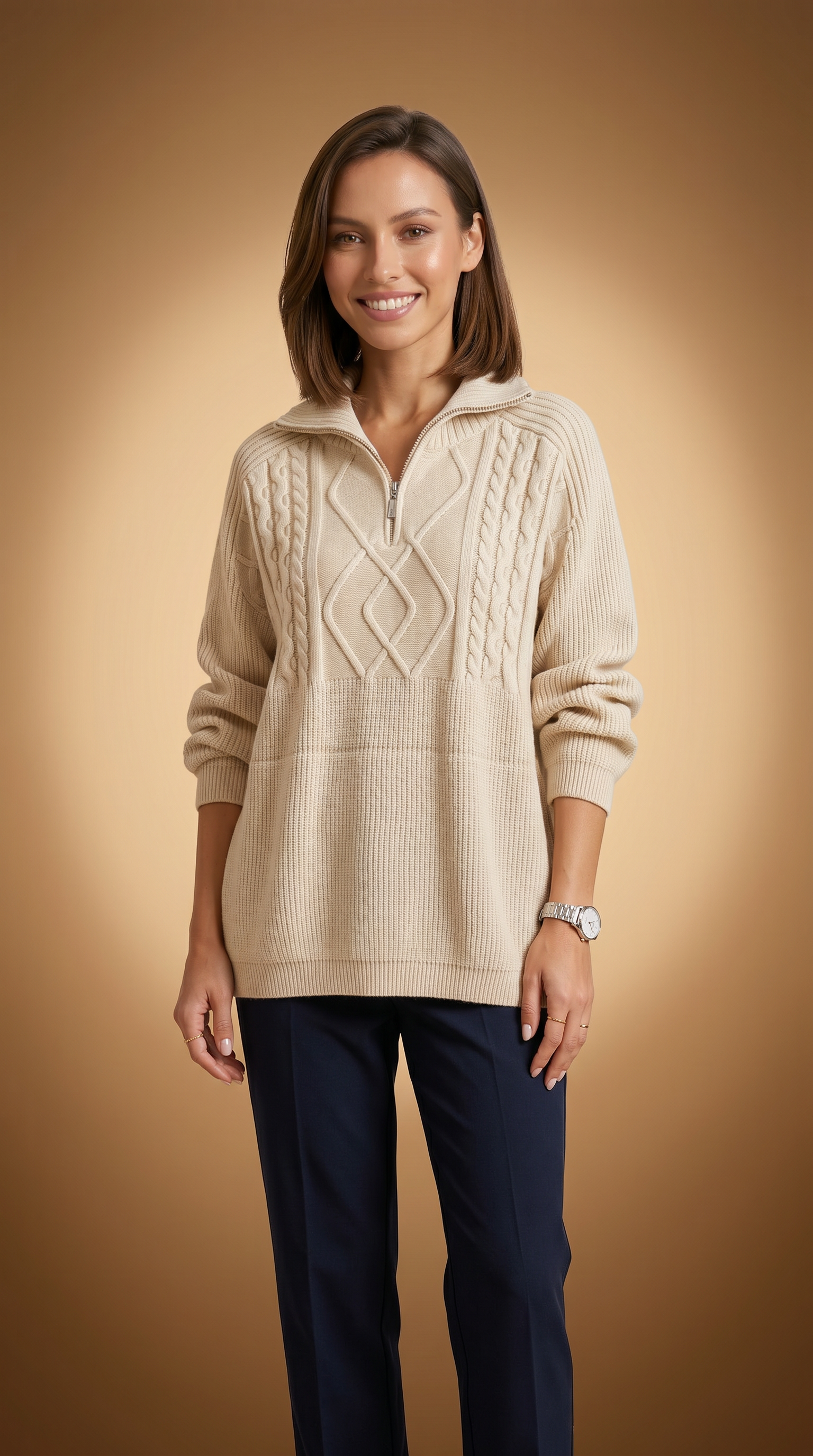 Jersey Oversize de Punto Trenzado con Cremallera